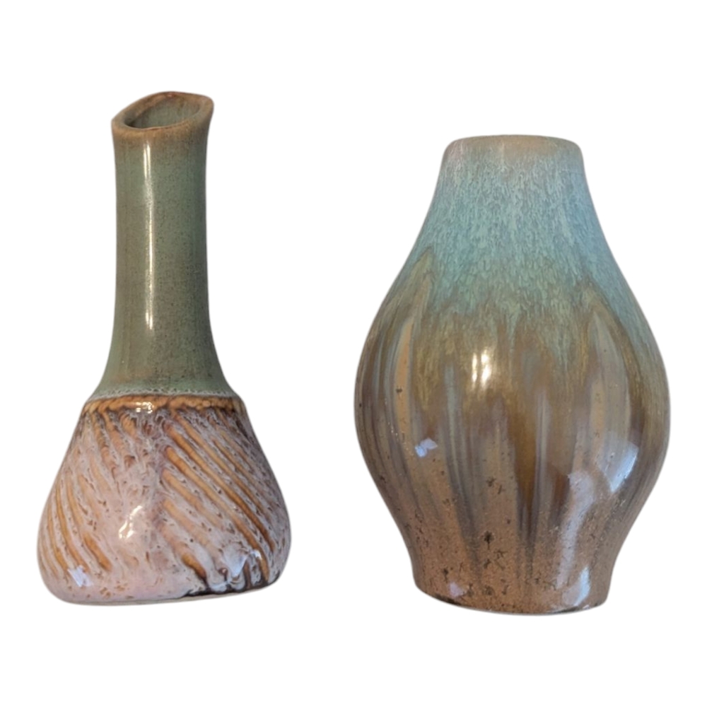 Vintage Pair Of Ceramic Blue, Green And Brown Small Bud Vases 4.25"-5"